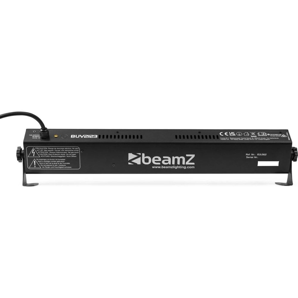 Barra de luz negra con símbolos de advertencia y marca CE, marca BeamZ.