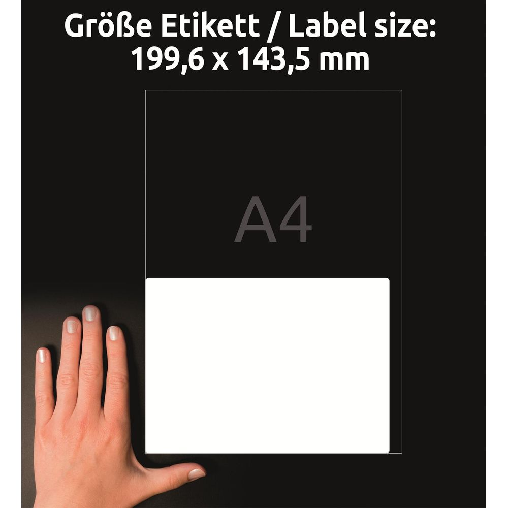 Eine Hand neben einem A4-Etikett mit deutscher und englischer Größenangabe.