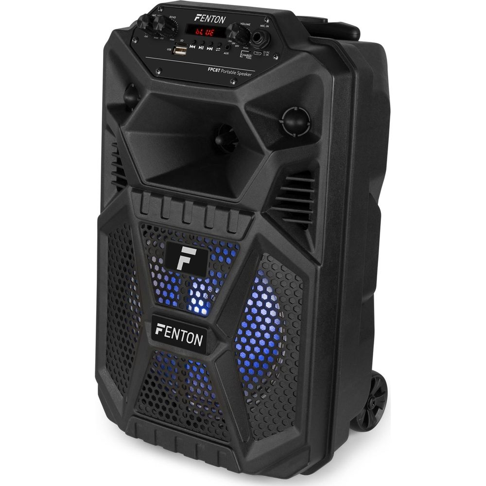 Zwarte draagbare Fenton speaker met blauwe verlichting en wielen.