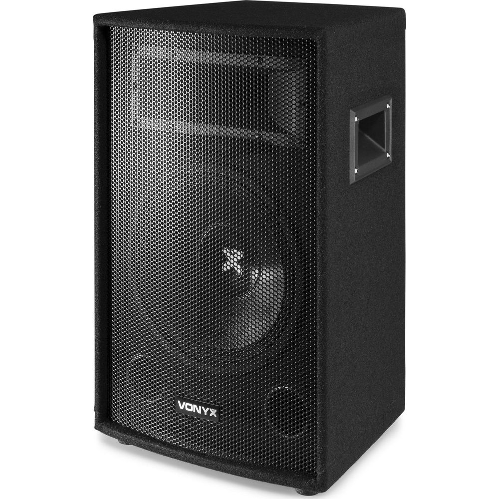 Altavoz Vonyx negro con rejilla y asa lateral.