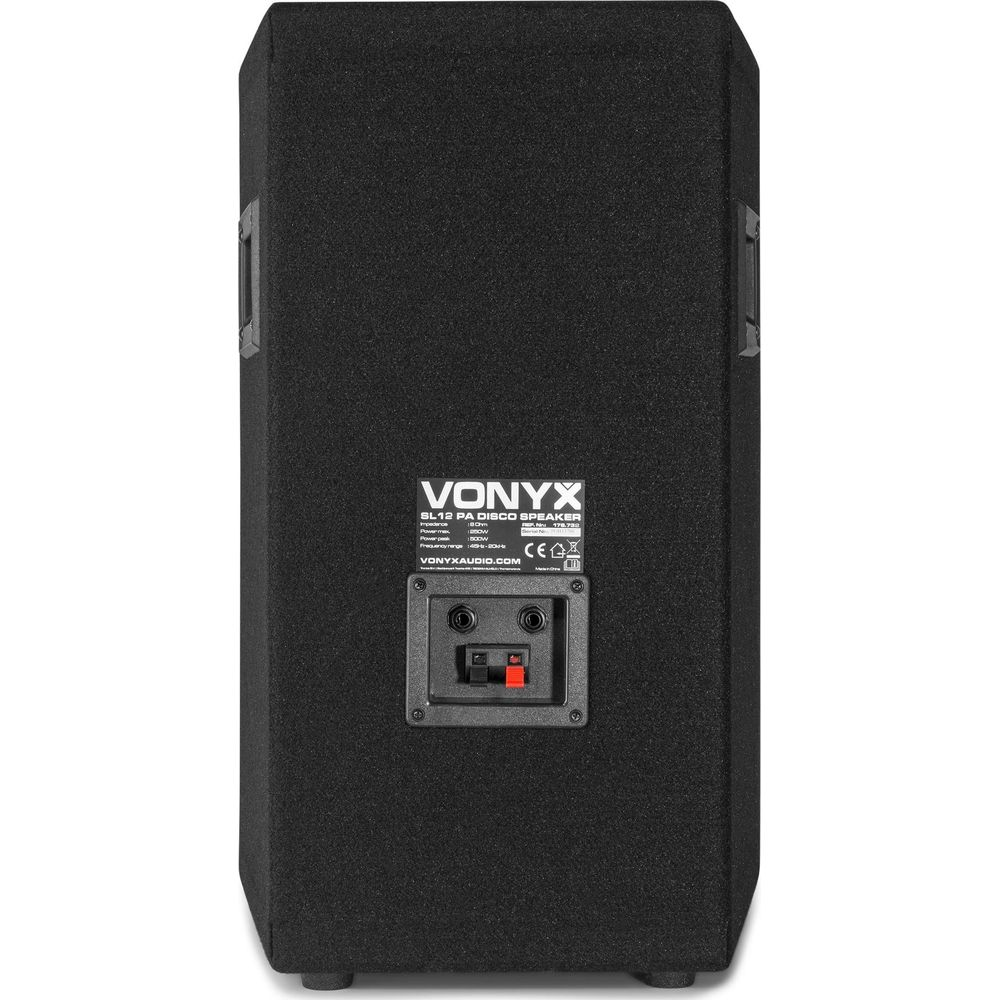 Altavoz PA disco Vonyx negro con terminales de conexión e información del producto.