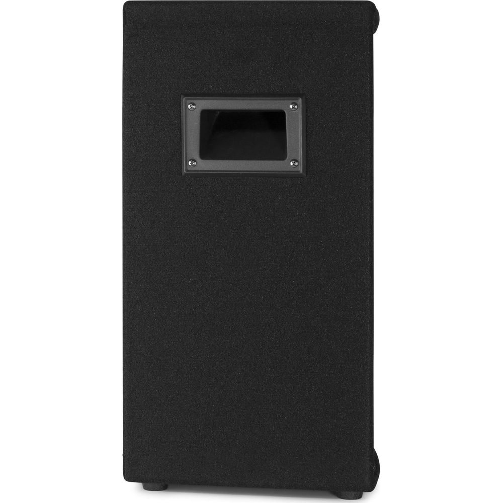 Altavoz negro con apertura rectangular y tornillos.