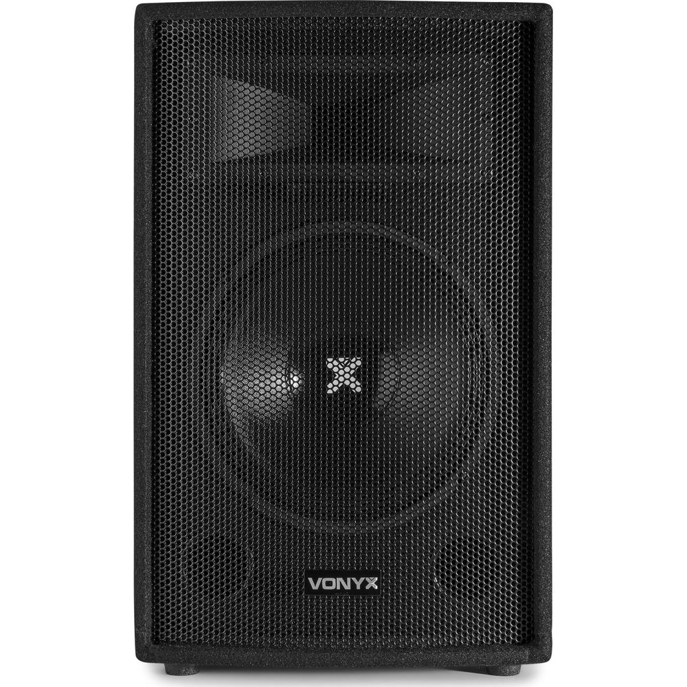 Altavoz negro con logo Vonyx y patrón en forma de X en la rejilla.