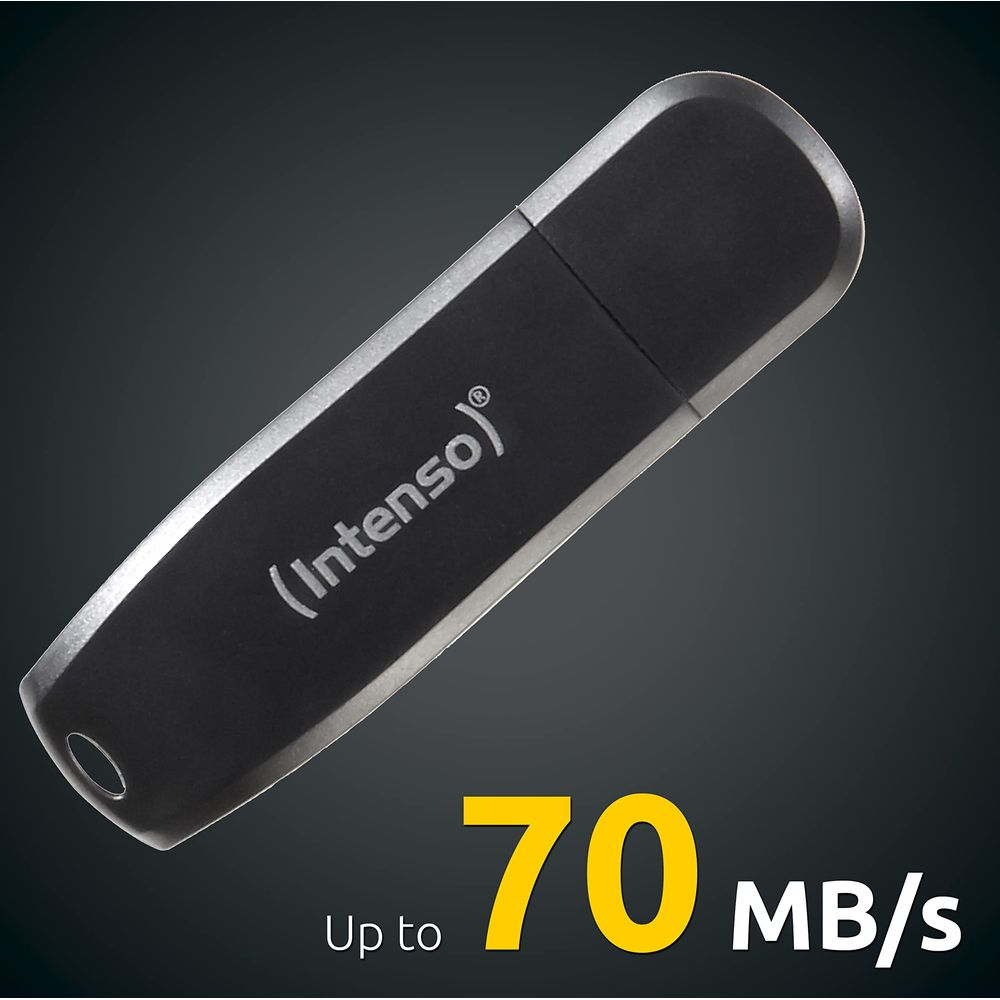 Clé USB noire avec logo "Intenso" et texte "Jusqu'à 70 Mo/s".