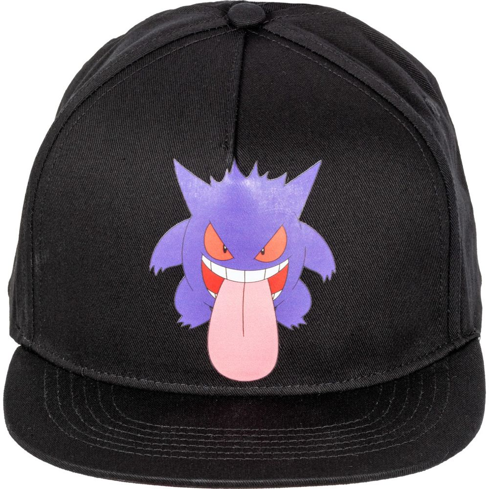 Schwarze Kappe mit lila Gengar-Pokémon-Aufdruck und langer Zunge.