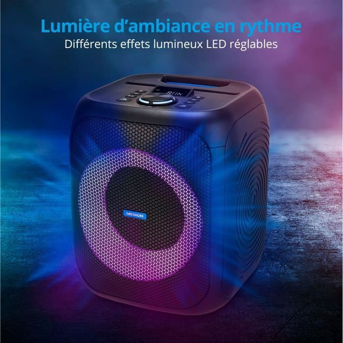 Een zwarte Medion speaker gloeit met paars en blauw licht.