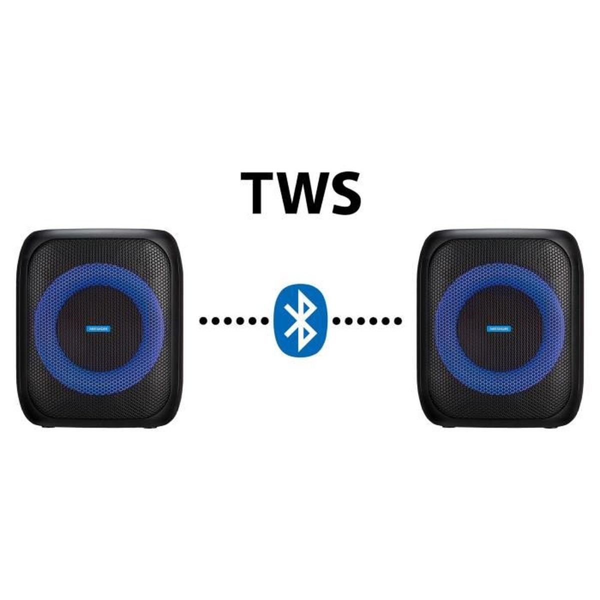 Twee zwarte luidsprekers met blauwe ringen zijn verbonden via een Bluetooth-symbool.