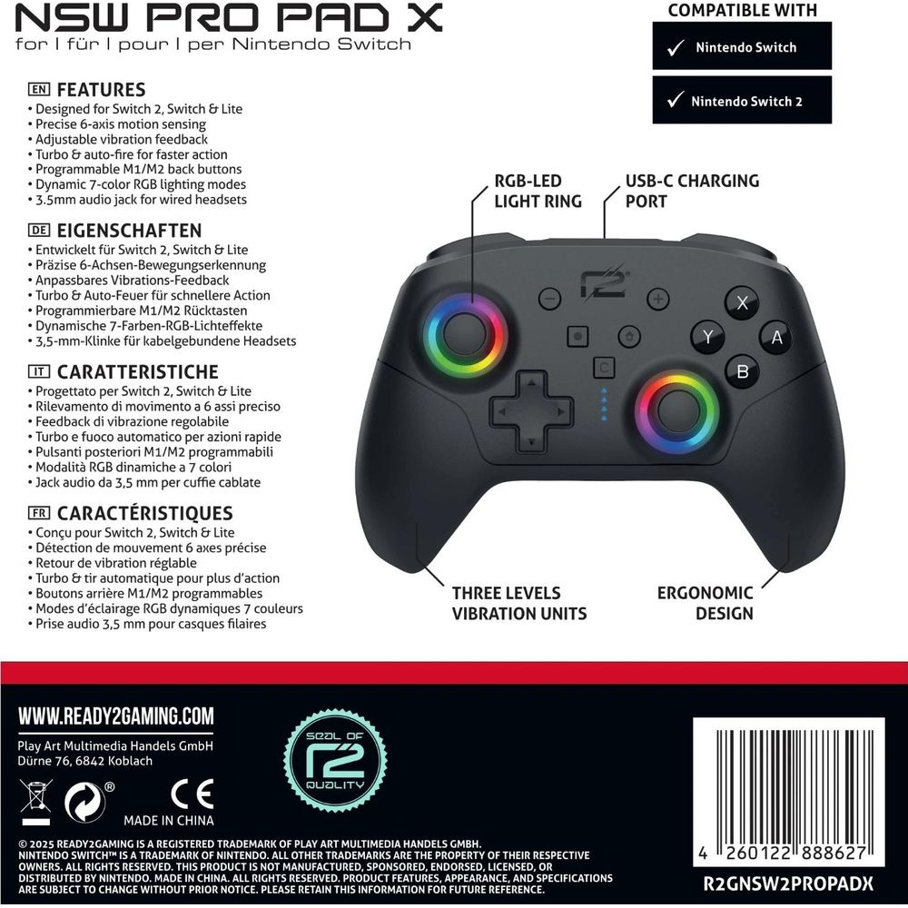 Ein schwarzer Nintendo Switch Pro Controller mit RGB-LED-Ring und USB-C Ladeanschluss.