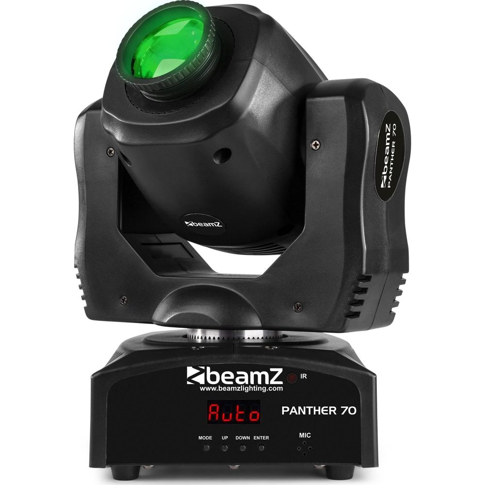 Un foco negro con lente verde y logo BeamZ, sobre fondo blanco.