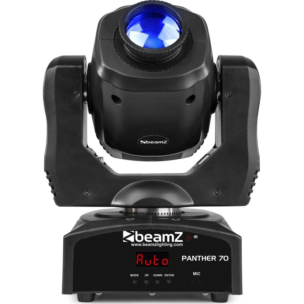 Un foco móvil negro con luz azul y logo de Beamz.