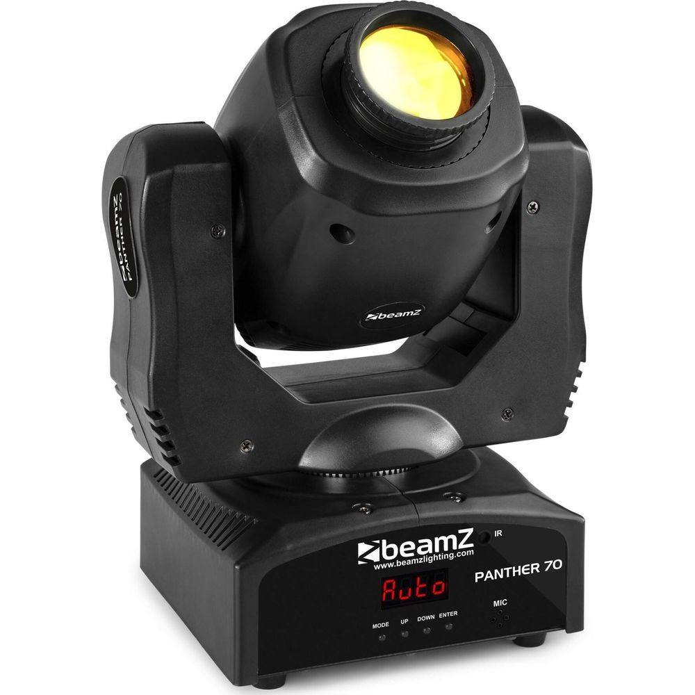 Un foco negro con un haz de luz amarillo, de pie sobre una base.