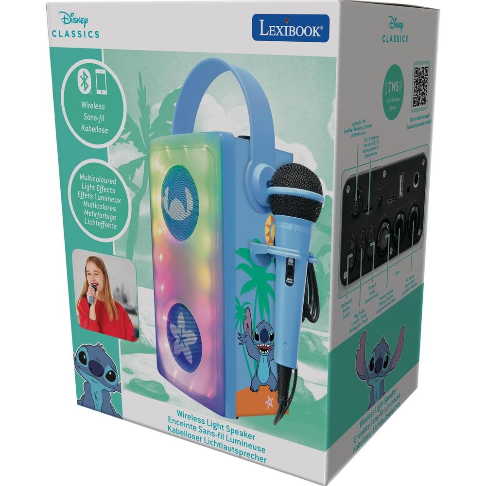 Haut-parleur bleu avec microphone, motif Stitch et lumières multicolores.