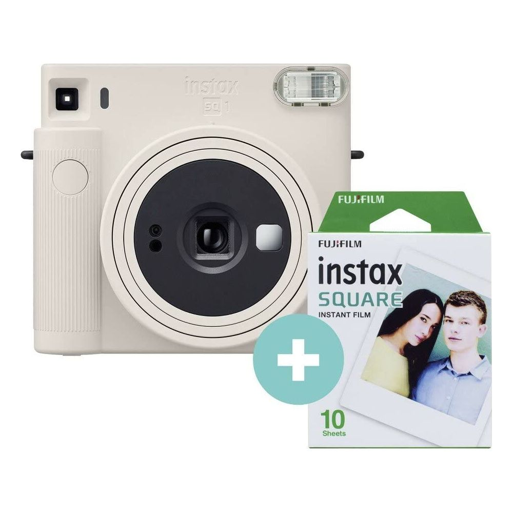 Beżowy aparat Instax SQ1 z opakowaniem filmu natychmiastowego Instax Square.