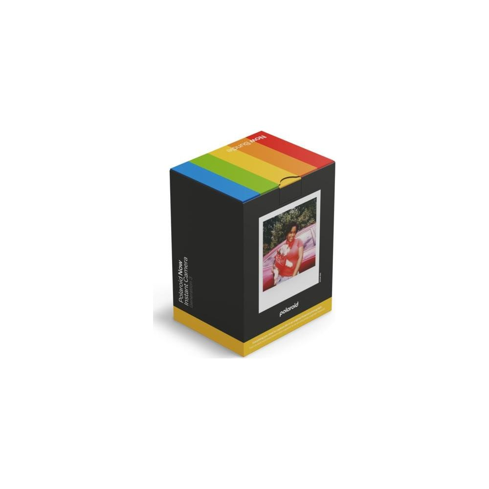 Une boîte Polaroid Now Instant Camera Bundle avec bande arc-en-ciel et image caméra.