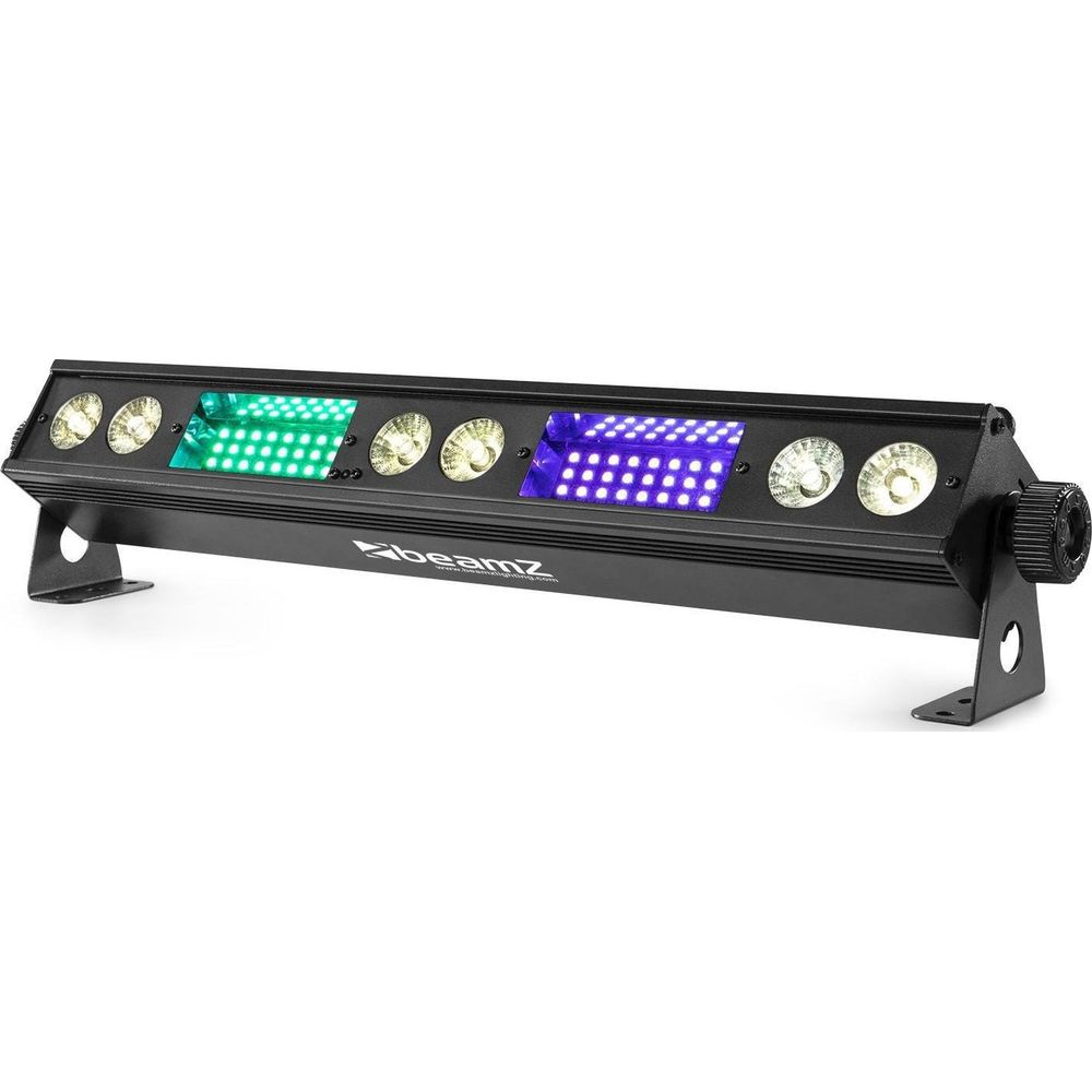 Una barra de luz negra con luces verdes, moradas y blancas sobre fondo blanco.