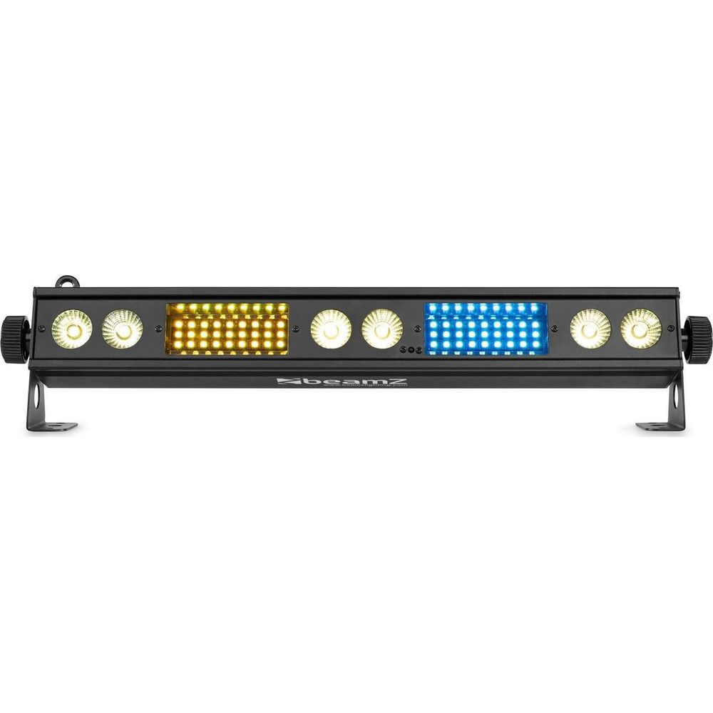 Una barra de luz negra con LEDs amarillos y azules y dos luces redondas.