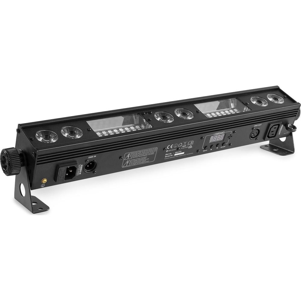 Una barra de luz negra con cuatro luces y una pantalla digital.