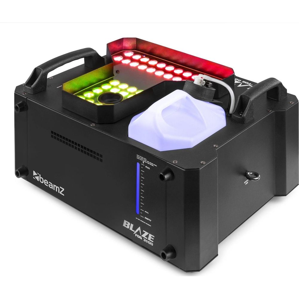 Máquina de humo negra con LEDs verdes y rojos, y un depósito de líquido teñido de azul.