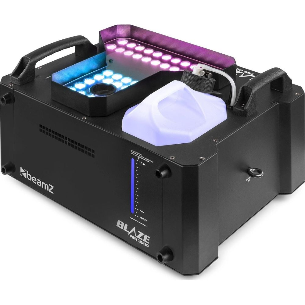 Máquina de humo negra con luces azules y moradas arriba, y tanque de fluido.