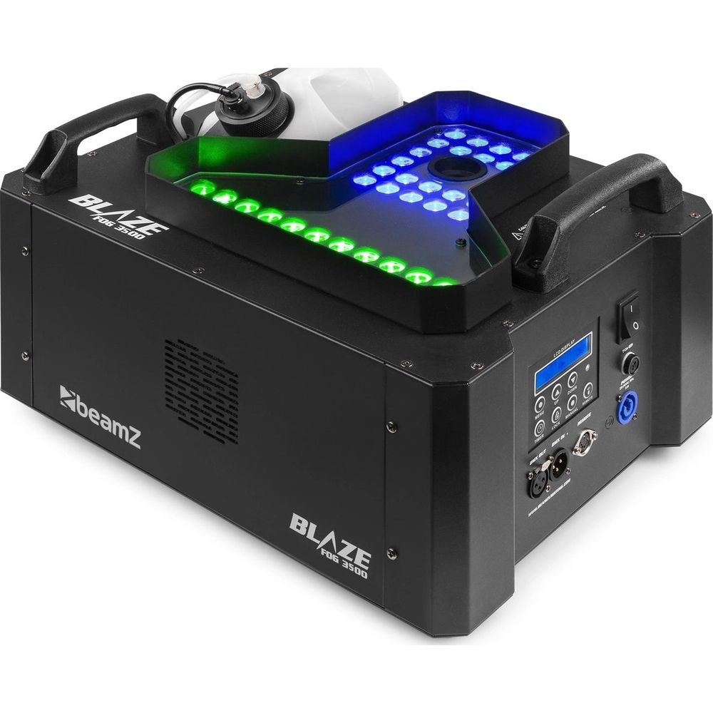 Máquina de humo negra con luces LED azules y verdes, asas y panel de control.
