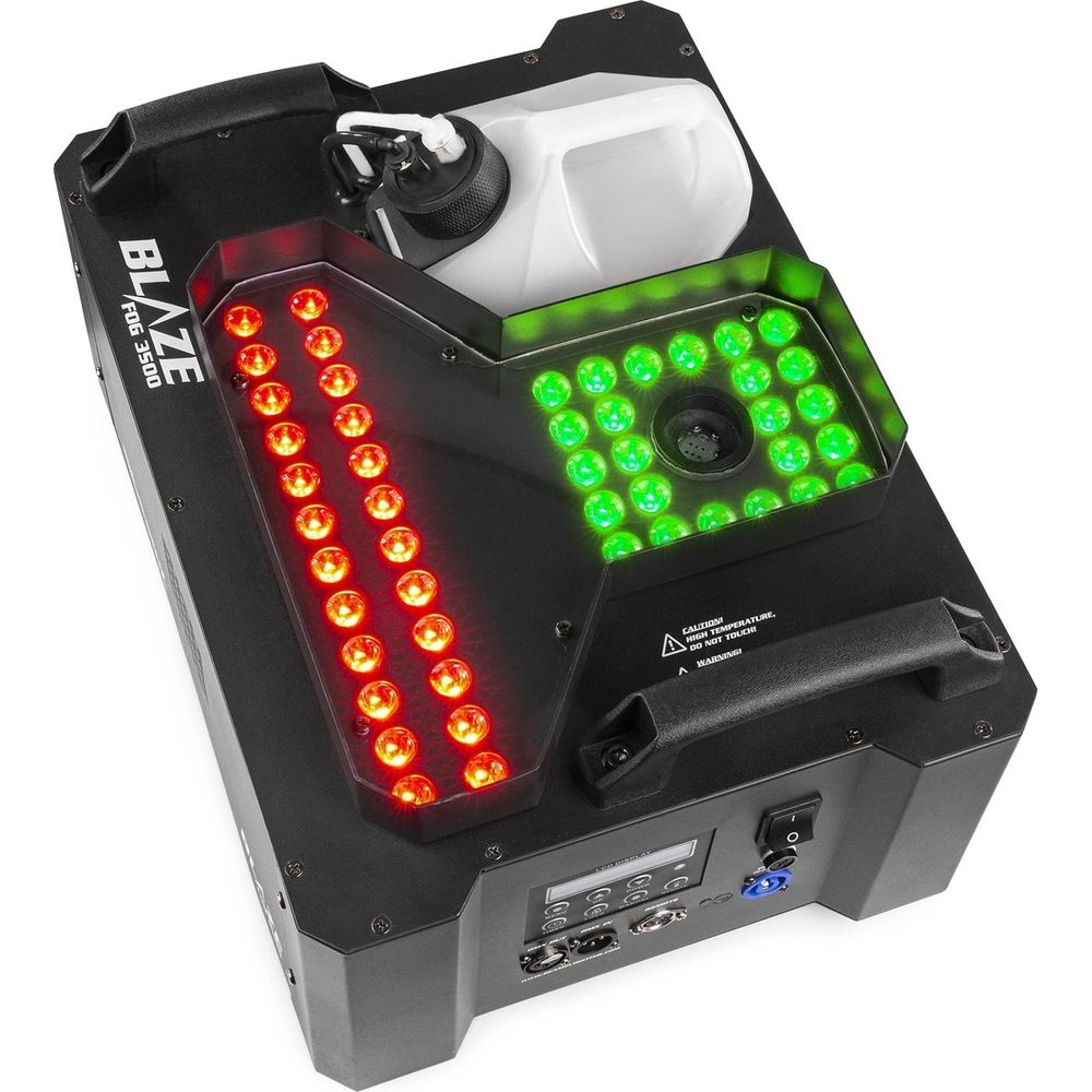 Una máquina de humo con luces rojas y verdes, un tanque de líquido y un panel de control.