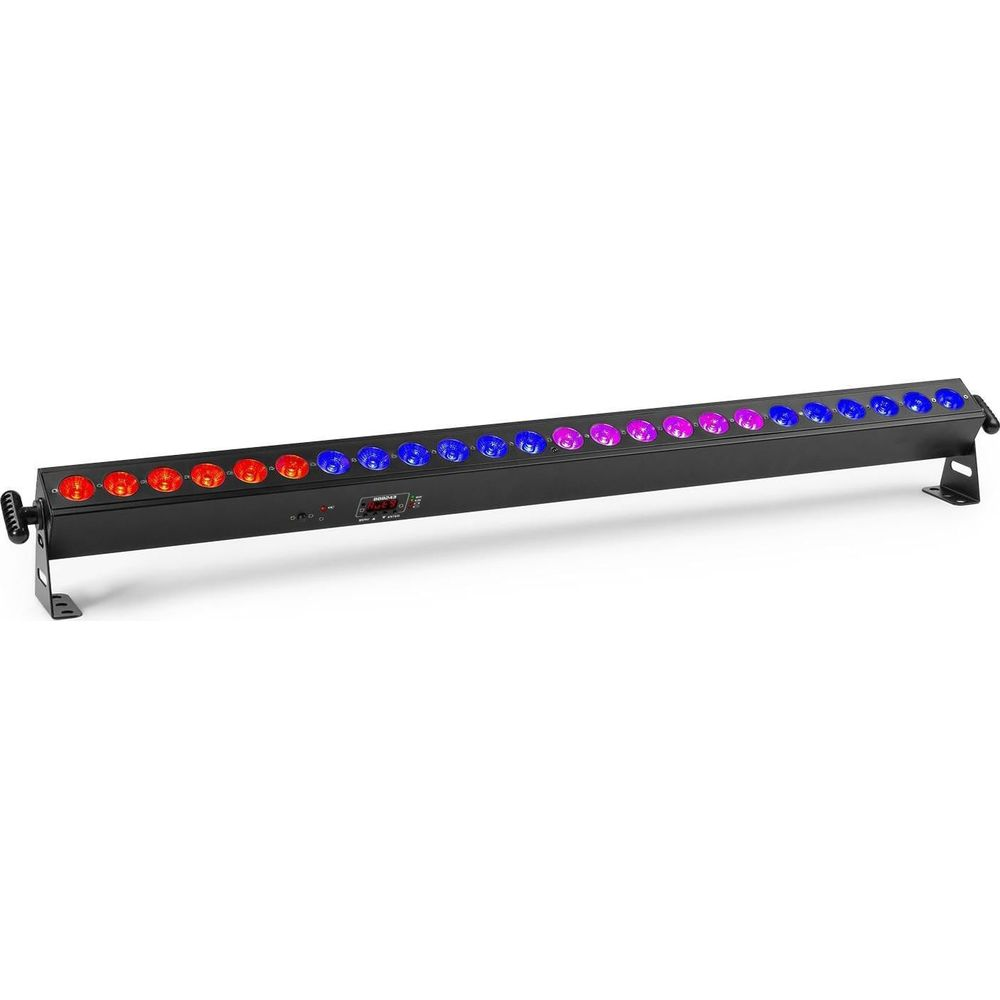Una barra de luz negra con LEDs rojos, azules y morados, sobre fondo blanco.