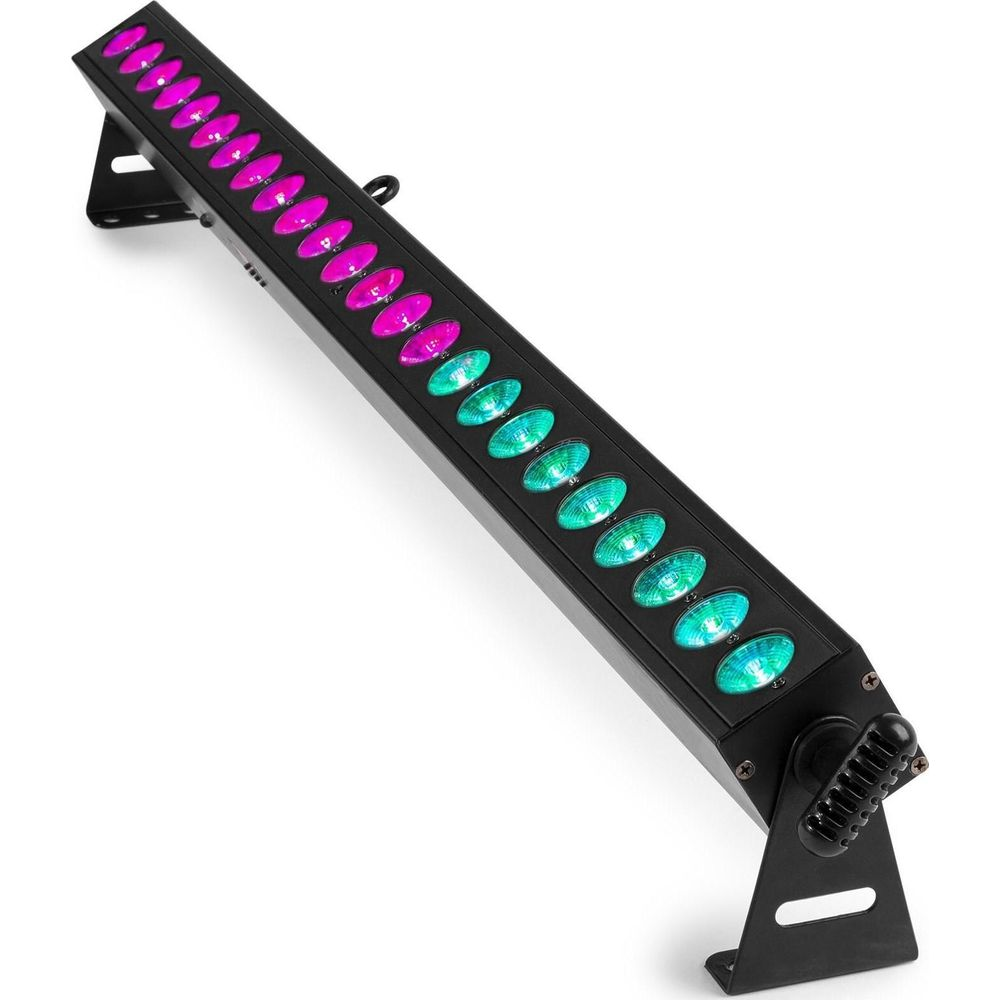 Una barra de luz negra con muchas luces que brillan en rosa y verde.
