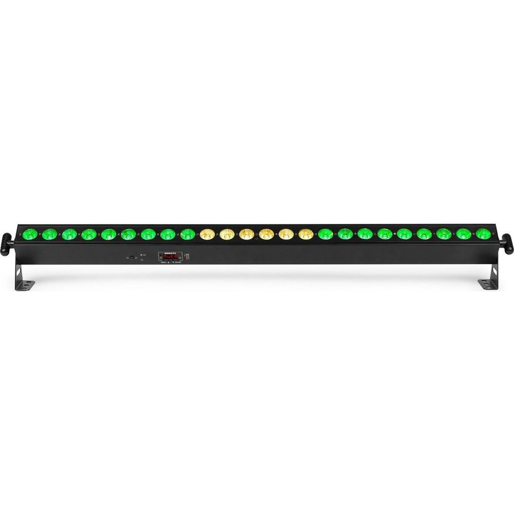 Una barra de luz negra con luces verdes y amarillas sobre fondo blanco.
