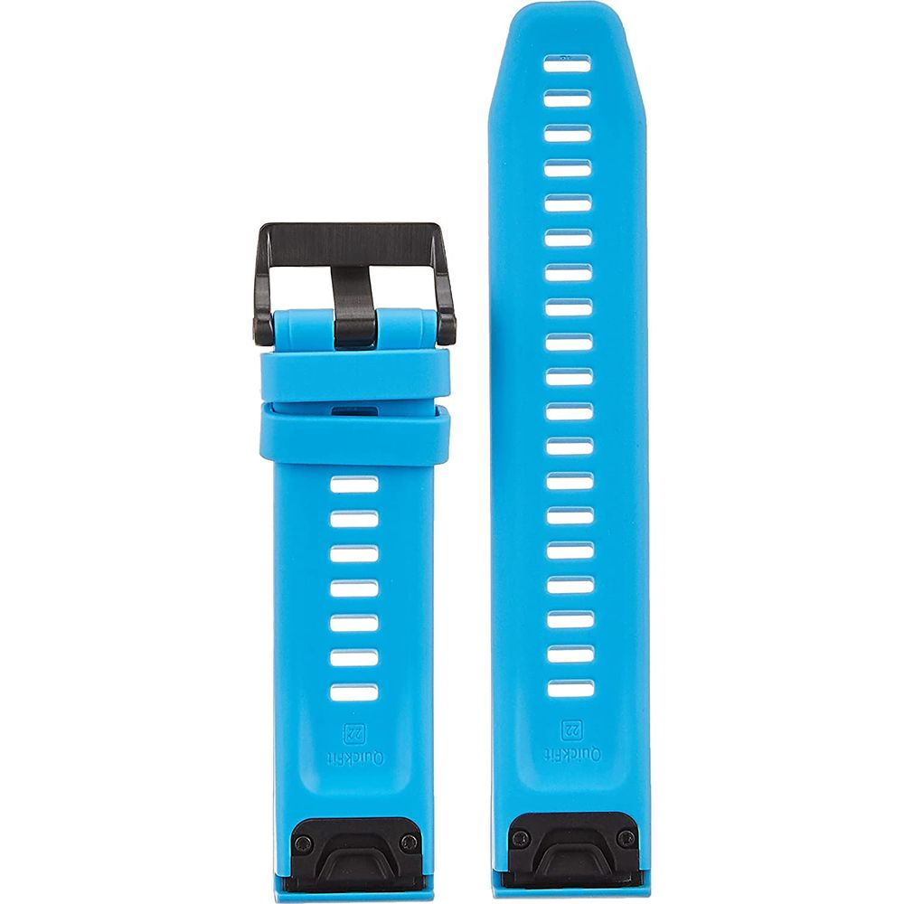 Dwa niebieskie paski do zegarka z czarnymi klamrami i białymi przeszyciami.