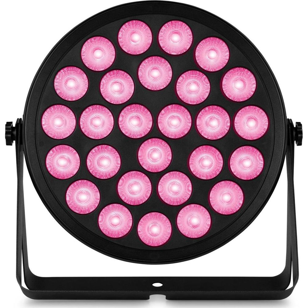 Una luz PAR negra con 24 LEDs rosas, montada en un soporte.