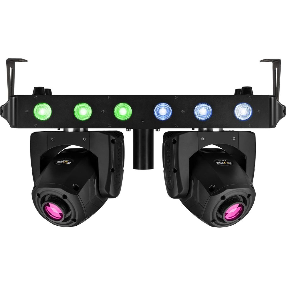 Dos luces negras de cabeza móvil con LEDs verdes y azules arriba.