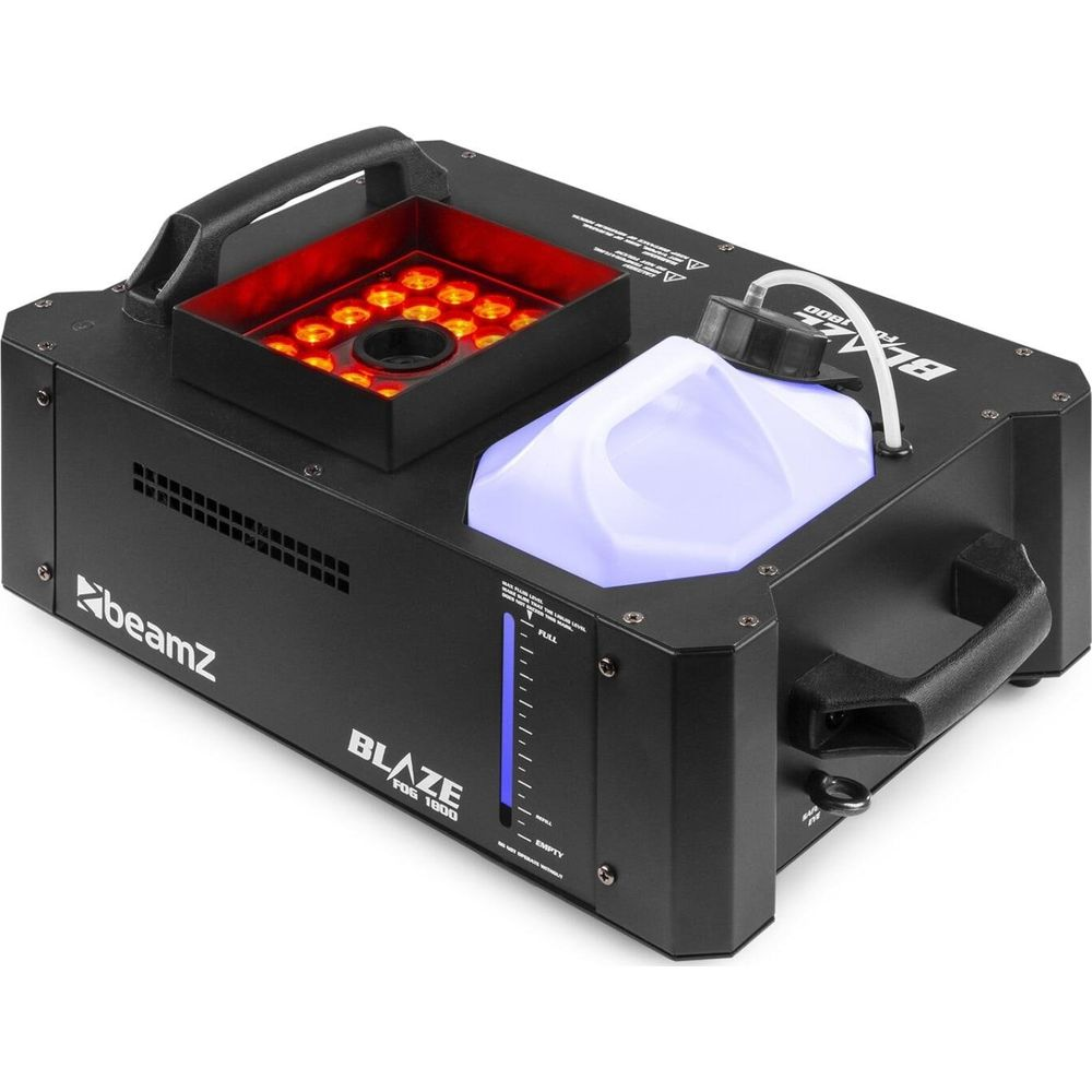 Máquina de humo negra con luces LED rojas y tanque iluminado azul.