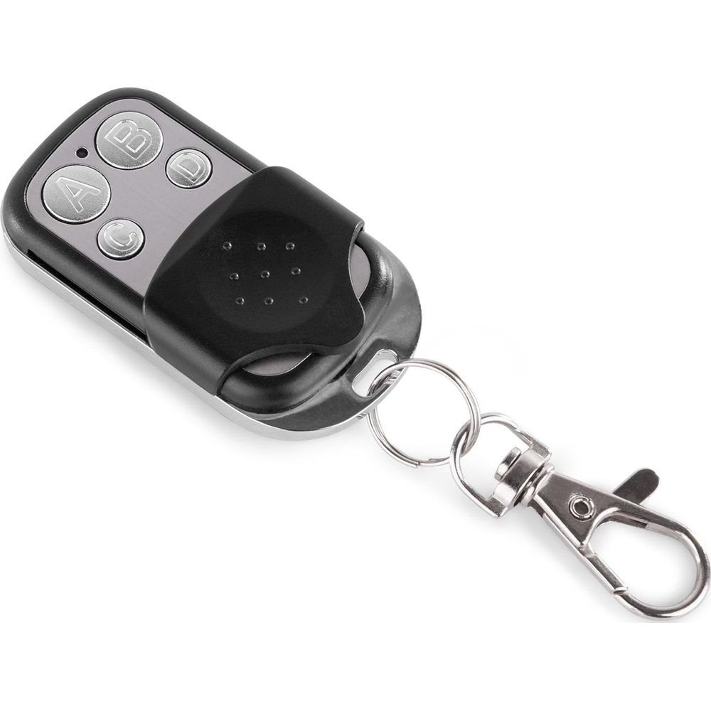 Llave remota negra con cuatro botones A, B, C, D y un llavero.