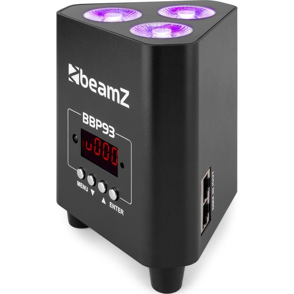 Efecto de luz negro con tres LEDs morados, pantalla y botones de control.