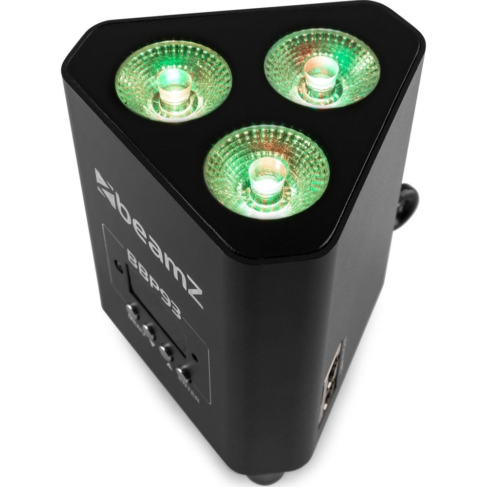 Una luz triangular negra con tres LEDs verdes y el logo de Beamz.