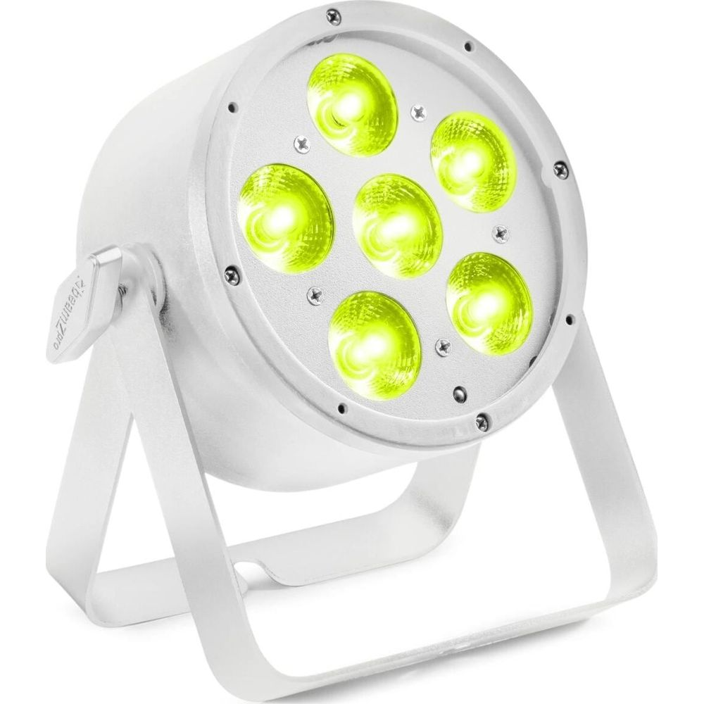Un foco LED blanco con seis luces verdes y un soporte.