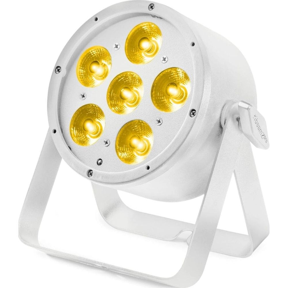 Un foco blanco con seis LEDs amarillos y un soporte plateado.