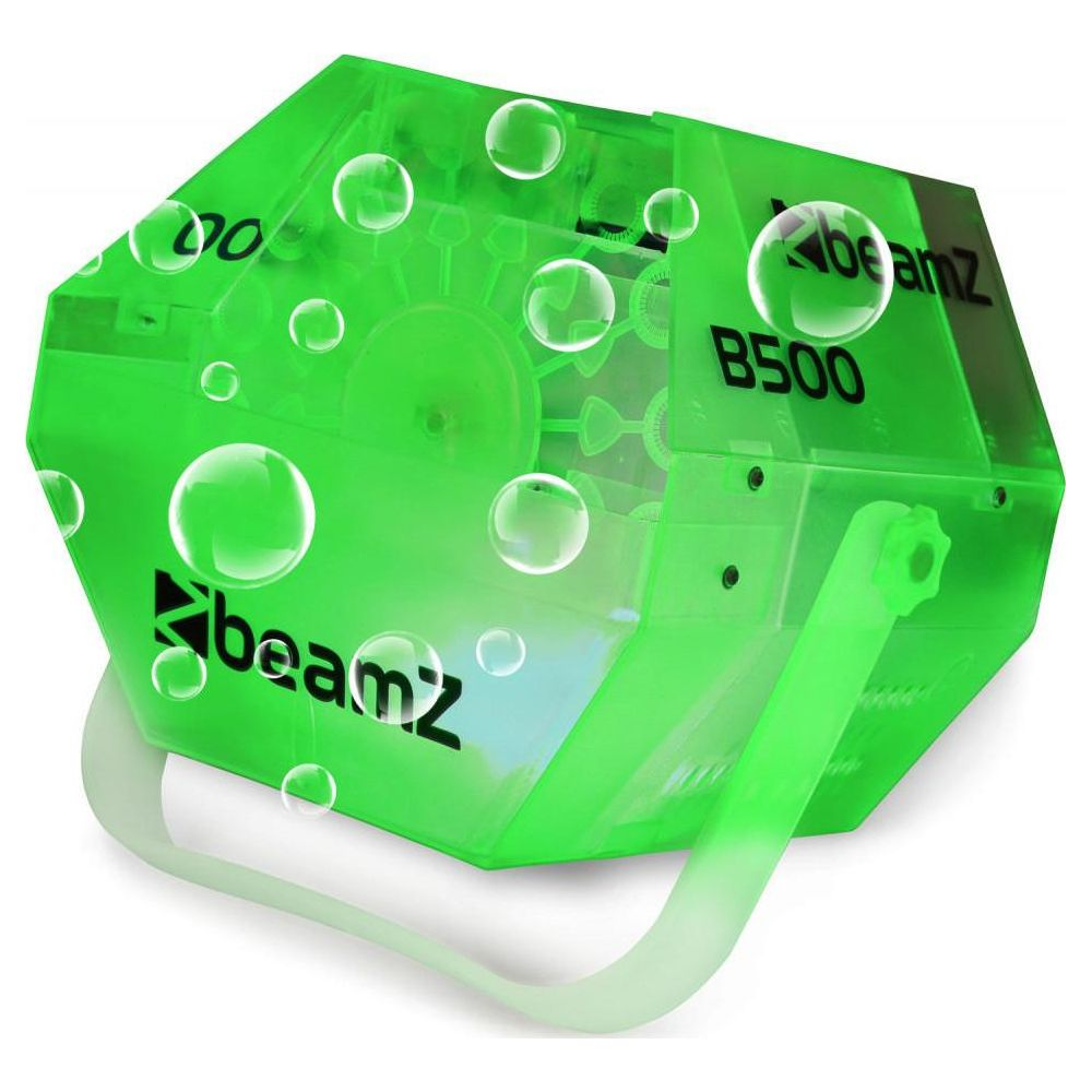 Máquina de burbujas verde con logo "beamz" y modelo "B500".