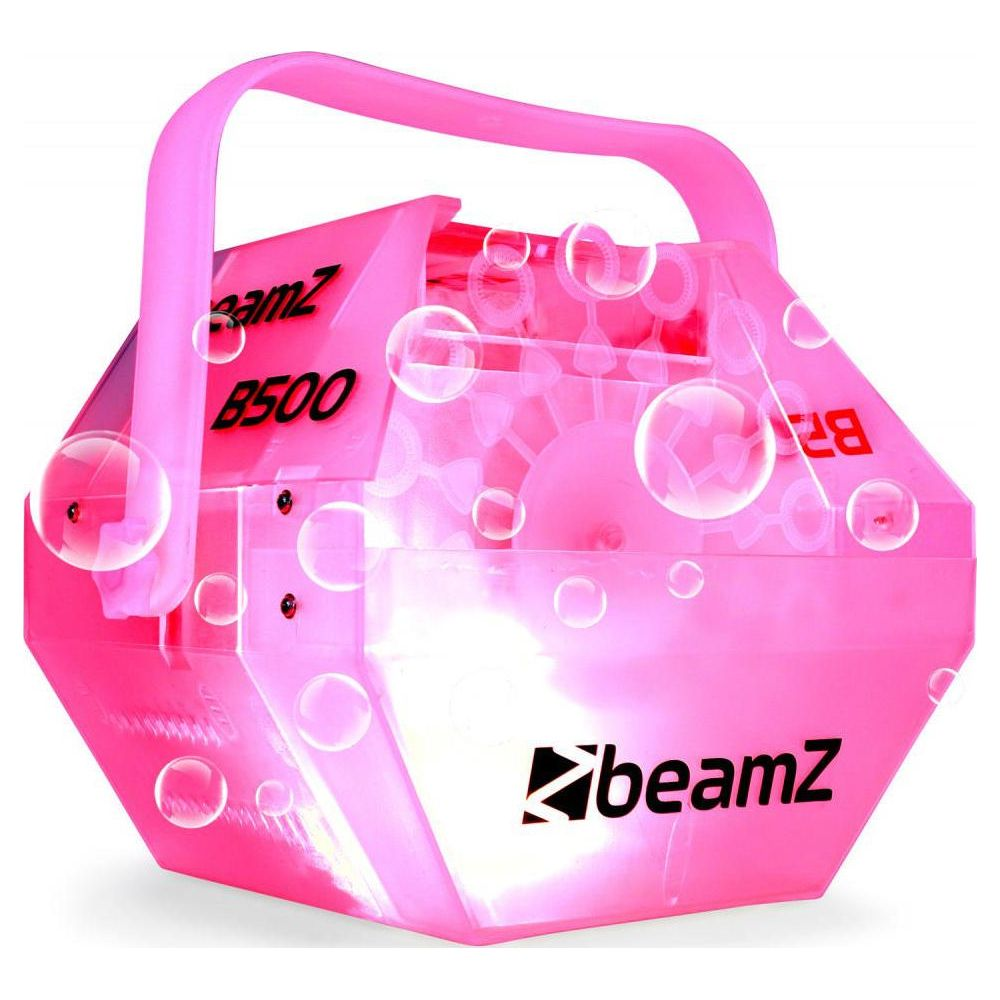 Una máquina de burbujas rosa Beamz B500 con asa y burbujas.
