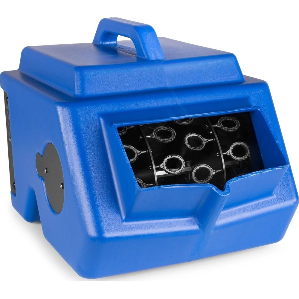 Una máquina azul con asa arriba y varillas para burbujas al frente.