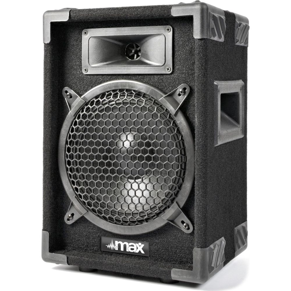 Altavoz negro con rejilla y bocina plateadas, logo Max abajo.