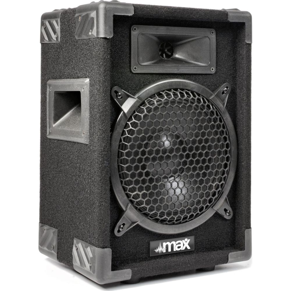 Altavoz negro con rejilla y tweeter de trompa. Logo MAX abajo.