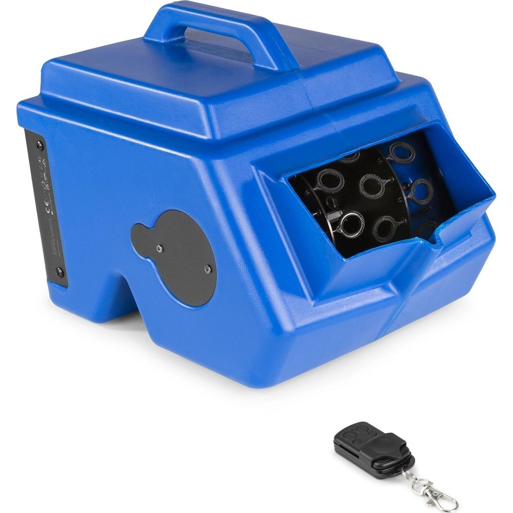 Una máquina de burbujas azul con mando a distancia.