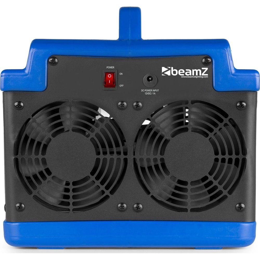 Un dispositivo azul con dos ventiladores negros y un interruptor rojo.