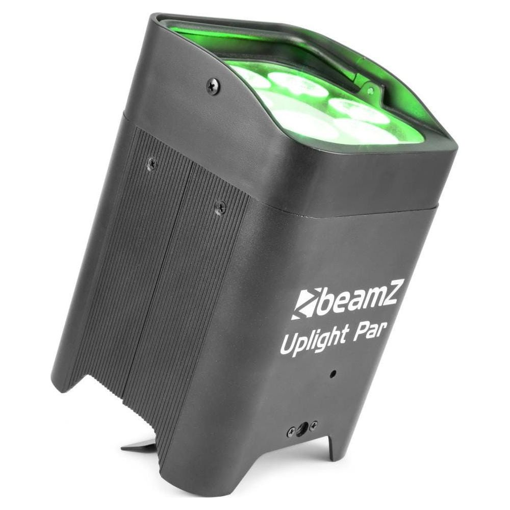Foco negro tipo par con LEDs verdes, marca 'beamZ Uplight Par'.