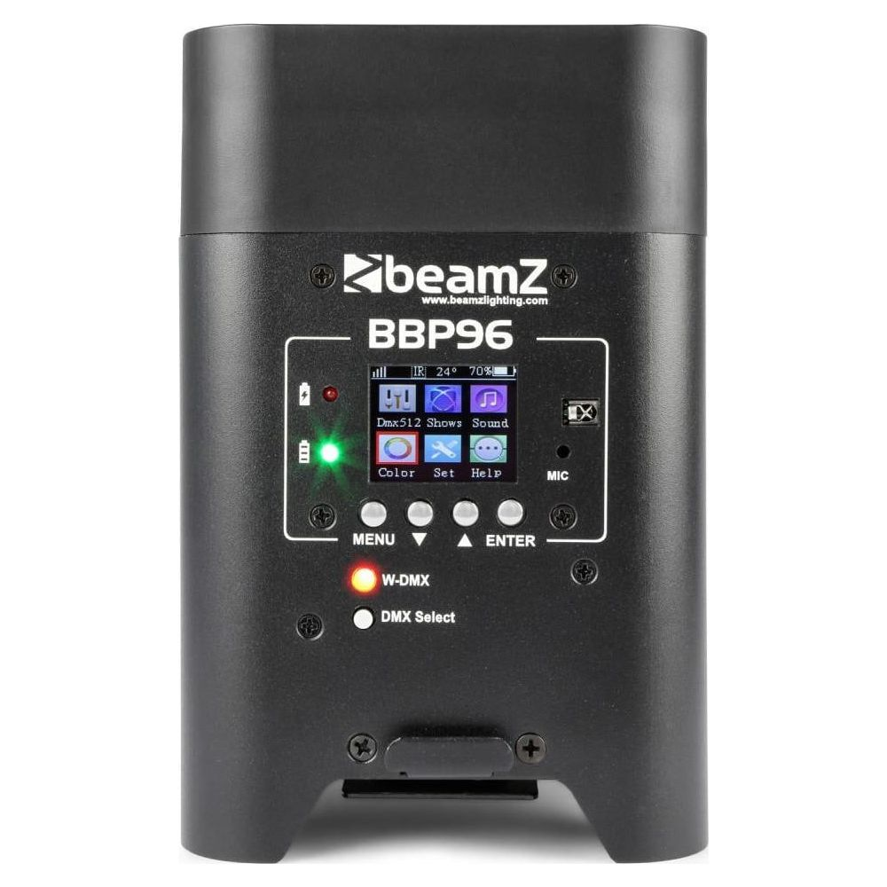 Un dispositivo de iluminación BeamZ BBP96 negro con pantalla LCD y botones.