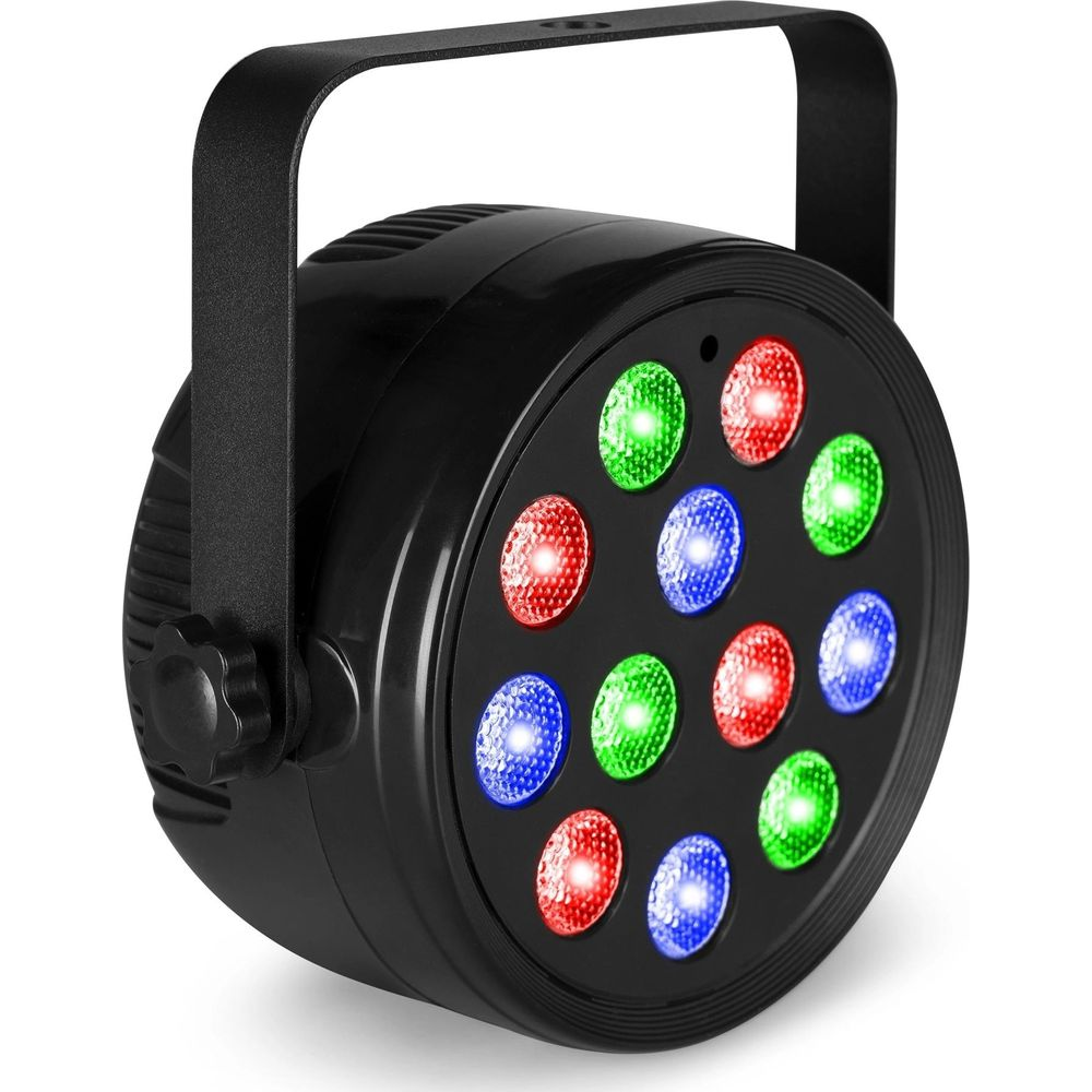 Foco negro con LEDs rojos, verdes y azules y un asa.