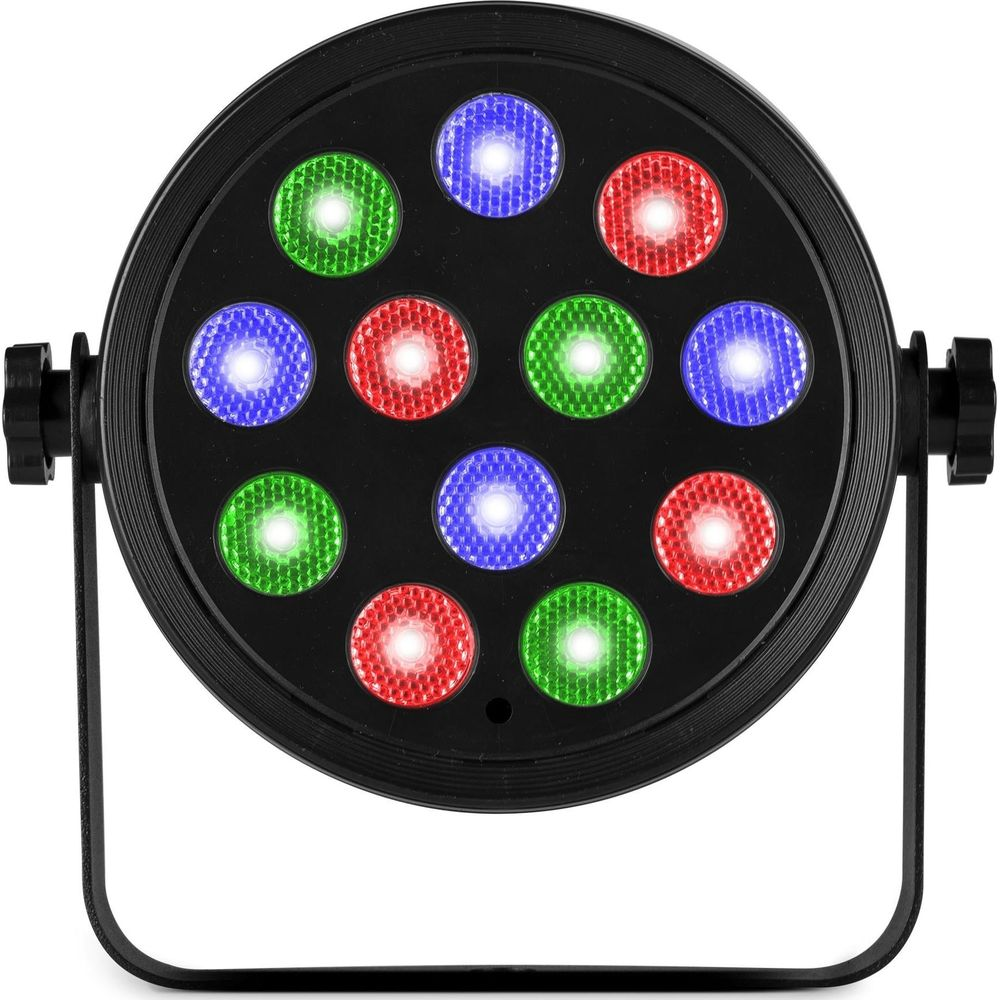 Foco circular negro con 12 luces LED rojas, verdes y azules.