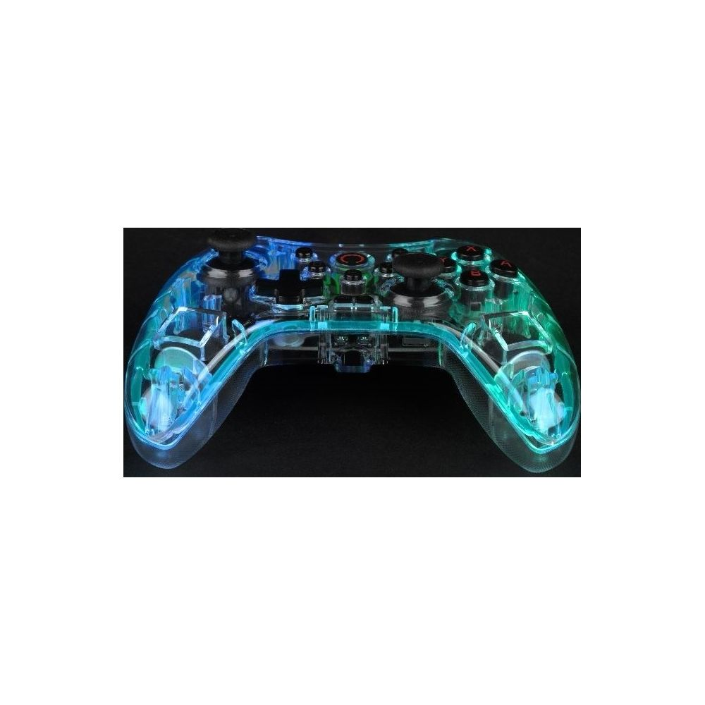 Przezroczysty kontroler świeci na niebiesko i zielono.
