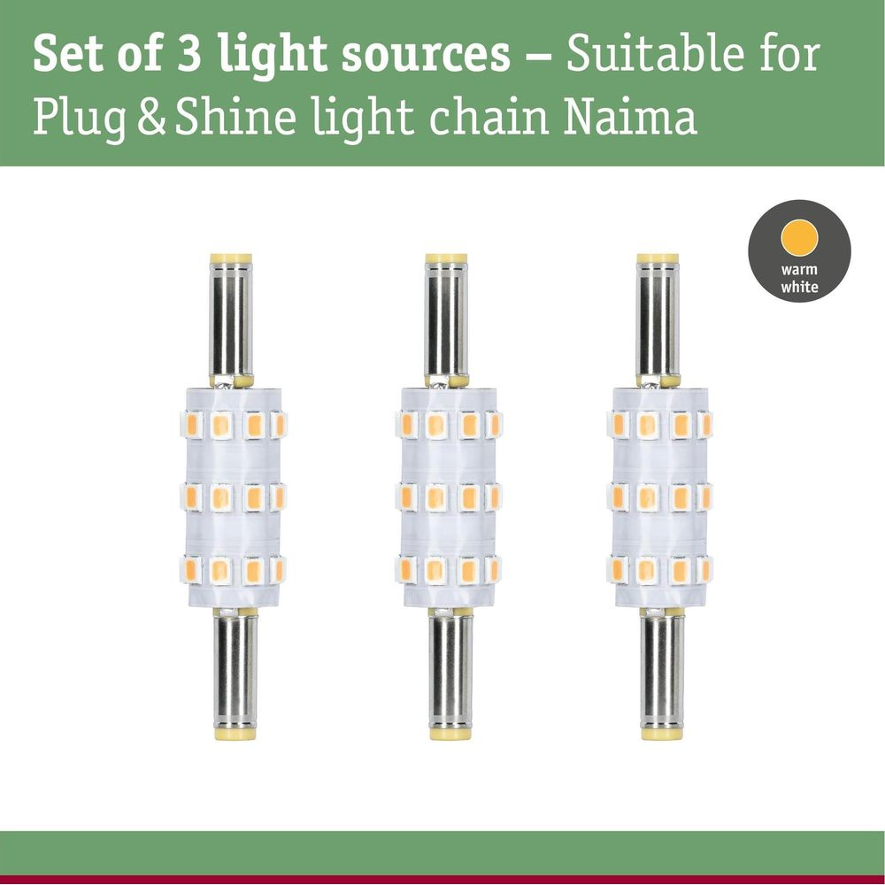 Trzy źródła światła LED do łańcuchów świetlnych w kolorze ciepłej bieli.